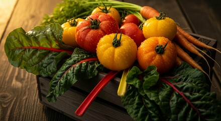 A vibrant assortment of freshly harvested vegetables is artfully arranged in a rustic wooden crate. The collection includes plump red, yellow, and orange tomatoes, all glistening with water droplets,