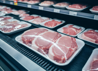 Fresh pork meat cuts on display in transparent packaging inside a refrigerated supermarket aisle, ready for purchase in a grocery store.