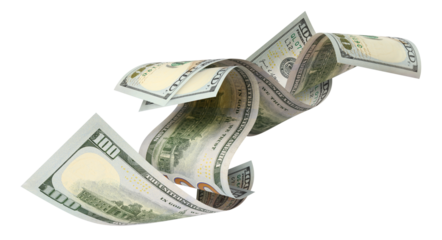 Flying hundred dollar bills, isolated on transparent cutout background