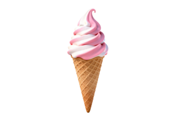 Delicious swirl of pink and white soft serve ice cream in a waffle cone