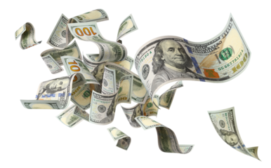 Flying hundred dollar bills, isolated on transparent cutout background