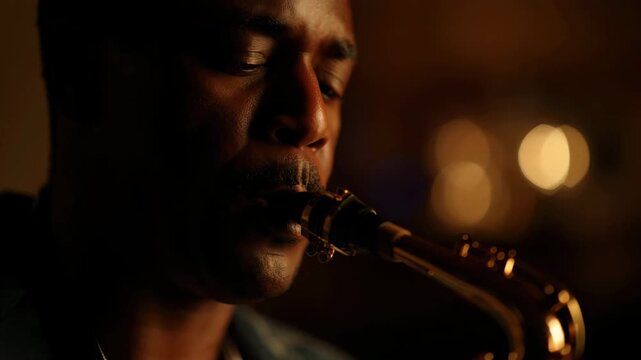 Closeup jazz musician playing saxophone in warm stage light, expressive live performance in dark club, emotional nightlife atmosphere, soulful improvisation, musical passion, brass woodwind focus