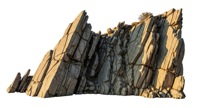 A rocky cliff formation with a tree on top, illuminated by sunlight, with a white background.