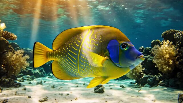 Vibrant yellow angelfish with blue markings swims through sunlit coral reef underwater ocean