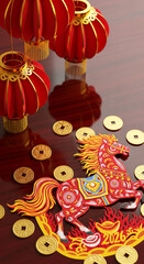Fototapeta premium Red Chinese lanterns and a horse figurine on a wood surface, surrounded by gold coins, representing the Year of the Horse and prosperity celebrations