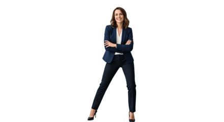 A confident businesswoman standing confidently with her arms crossed, wearing a navy blue suit and black pants, against a white background.