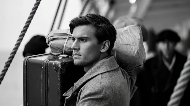 Young traveler with suitcase on ocean liner deck, vintage voyage moment, historical migration journey, early 20th century travel, nostalgic black and white photography, maritime exploration