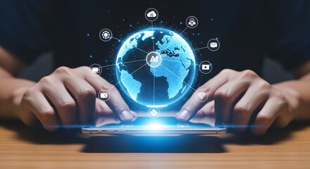 Person's hands engaging with a smartphone showing a global AI network interface