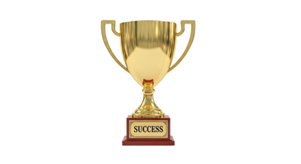 A shiny, gold trophy cup with the word 'SUCCESS' engraved on its base, placed on a white surface with a shadow cast on the ground.