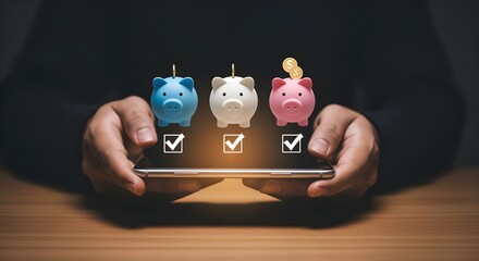 Person holding a smartphone displaying multiple piggy banks and checkmarks for financial choices
