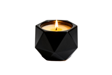 Black geometric candle holder with a burning flame inside