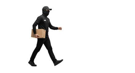 A delivery person in a black uniform and hat, carrying a cardboard box, walking against a white background.