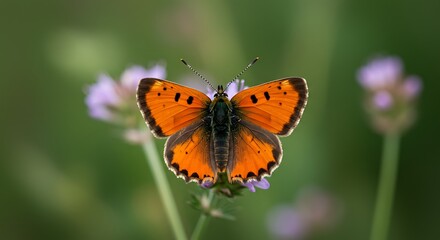 Fototapeta premium Close up of a vibrant orange butterfly with intricate wing patterns resting on a delicate purple flower in a lush green meadow.