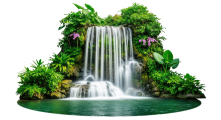 A serene waterfall cascading into a tranquil pond surrounded by lush greenery and vibrant flowers.