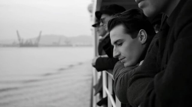 Men standing on a ship deck looking toward distant shoreline in calm overcast atmosphere, vintage monochrome scene with thoughtful mood, maritime travel moment captured in soft diffused light