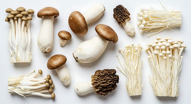 Assortment of Fresh Edible Mushrooms on White Surface.