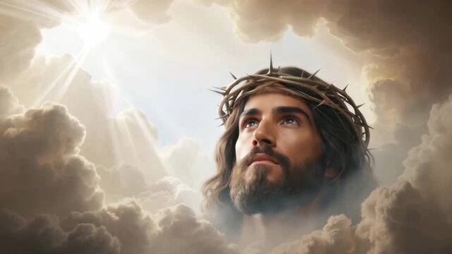 Jesus wearing crown of thorns looking toward heaven beneath dramatic cloudy sky with divine light shining down, symbolizing Easter, Good Friday, Ascension, Lent, faith, forgiveness, hope, peace - Powered by Adobe