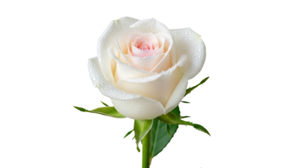 A single white rose with a pink center, surrounded by water droplets, against a white background.