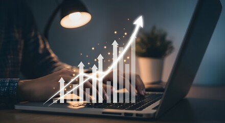Person using laptop with digital business growth chart overlay, symbolizing progress and success