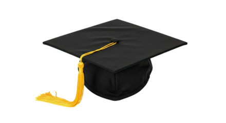 A black graduation cap with a yellow tassel on a white background.