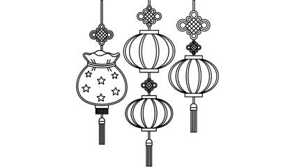 Chinese New Year Lanterns and Lucky Bag Line Art Illustration.