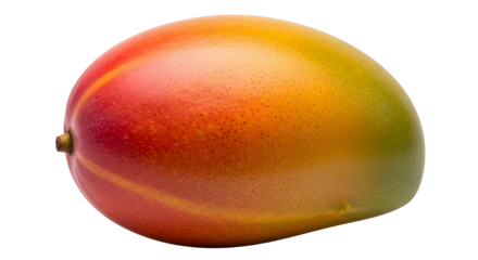 A vibrant, fully ripe mango displaying its rich blend of red, yellow, and green hues, captured in a detailed close-up that highlights its smooth texture, natural shine, and tropical freshness