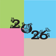 Naklejka premium “New Year Wallpaper and Invitation Design with Elegant Butterfly, Fancy New Year Writing, Festive Background, Modern Discount Logo Design, Celebration Template for Marketing and Greetings”