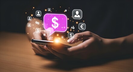 Hands using smartphone for secure digital transactions, illuminated by glowing financial icons