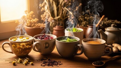 Fototapeta premium Aromatic herbal teas steaming in rustic mugs on a wooden table, surrounded by dried herbs and natural light from a window, evoking warmth and wellness