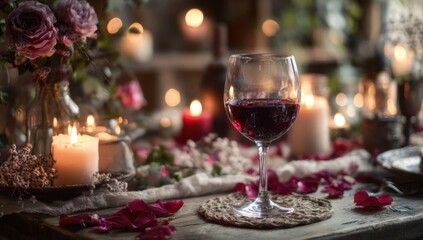 Elegant glass of red wine with deep ruby color on a rustic wooden table surrounded by lit candles and pink rose petals, creating a romantic ambiance