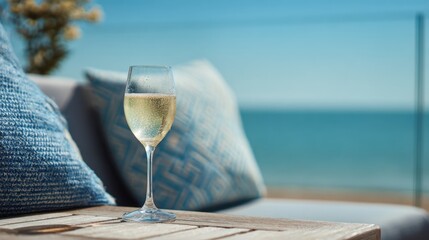 Elegant glass of sparkling prosecco with bubbles in a tall flute on a wooden outdoor table against a seaside background with plush cushions