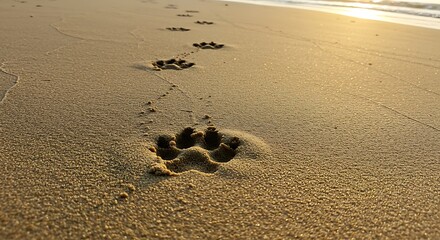 Dogs footprints on the beach sand, a sunny day.
