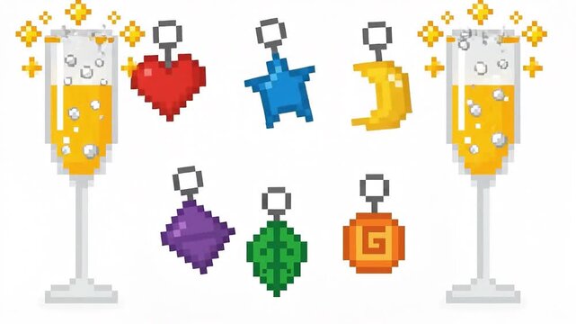 A pixel art champagne sparkling drink festive glass holiday toast bubbly beverage, wine charm set heart star moon diamond drop leaf spiral bright color minimalist, holiday ornament celebration party