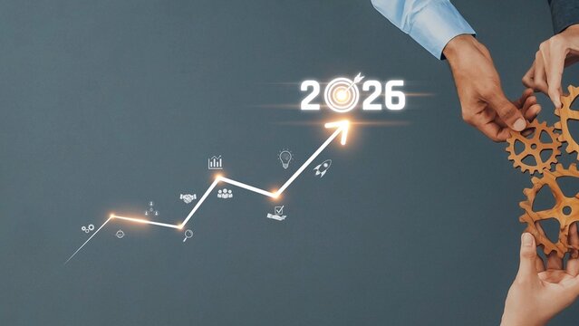 This image illustrates a collaborative effort in business growth, showcasing hands joining gears and a graph aimed at success in 2026. Ideal for corporate projects. Raster