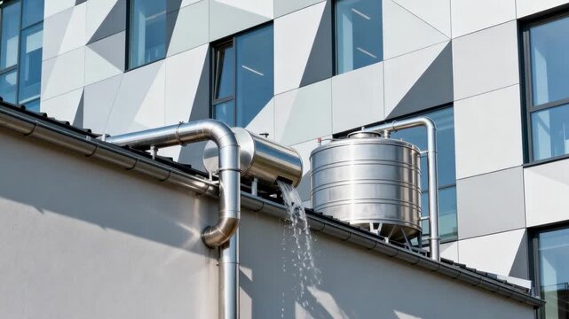 Medium shot of an integrated rainwater harvesting system capturing runoff from a modern buildings roof showcasing pipes and storage tanks blending seamlessly with architecture.
