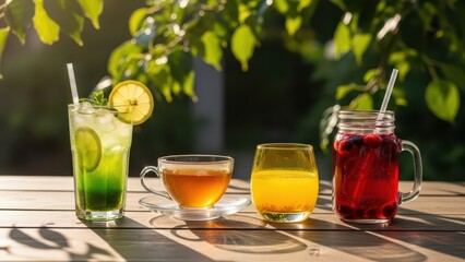 Fototapeta premium Four refreshing summer drinks lined up on a wooden table outdoors in bright sunlight with green foliage in the background