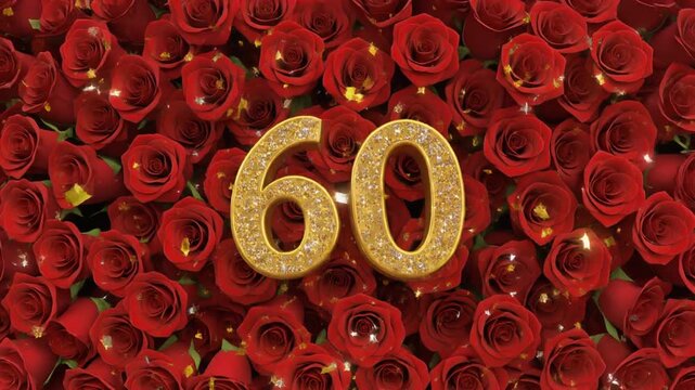 敷き詰めたれた赤いバラの花にキラキラした60の数字が現れる　お祝い