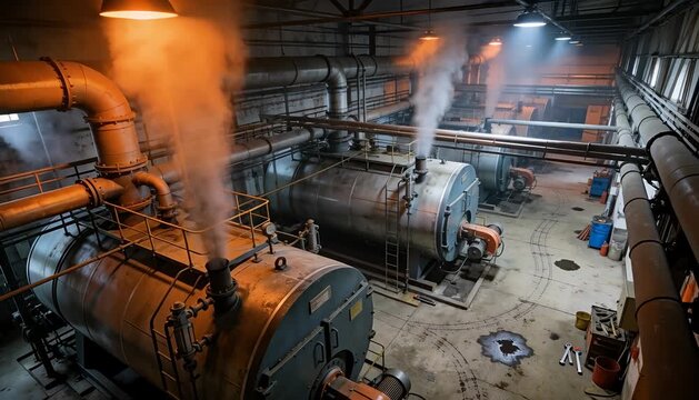 Industrial boiler room with steam vents and pipes in an old factory setting with pipes and steam, heating.