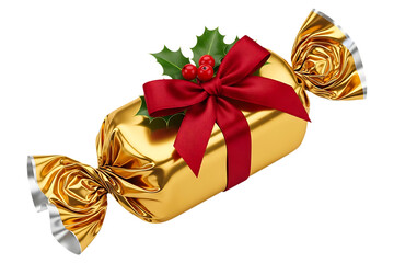 Festive gold foil wrapped chocolate candy with red ribbon and holly isolated on a transparent background