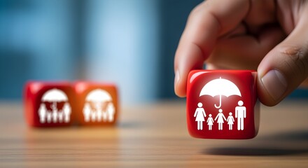Hand holding red cube with family and umbrella icon symbolizing protection and security.