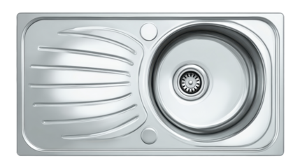 Stainless steel kitchen sink with single deep bowl, strainer drain and integrated corrugated drainboard, polished, modern utility piece on transparent background, top view