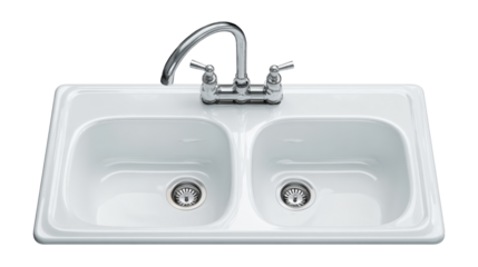 White ceramic double basin kitchen sink with chrome faucet, offering a clean, functional design for modern plumbing and domestic tasks, isolated with a transparent background