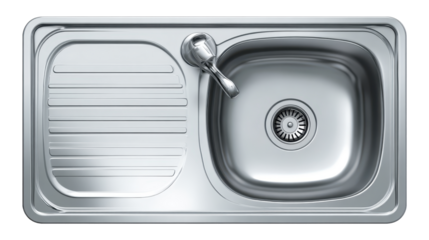 Stainless steel kitchen sink with single bowl. Drainer. And mixer faucet seen from a top view. Providing a clean household appliance for washing dishes. Food. And hands