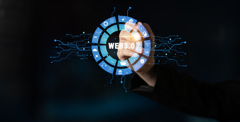 The Web 3.0 technology ecosystem and its digital applications. An interface showcasing the various components of the next generation internet. Motif