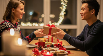 Happy young couple exchanging gifts with love and smiles during a cozy Christmas dinner at home.