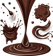 Create a kinds of deferent realistic Rich dark chocolate sauce pours and pools, creating a delicious texture image is perfectly culinary designs.. vector art with white background.