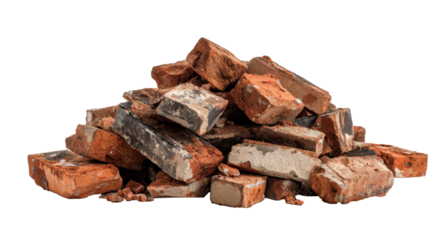 Pile of broken red brick pieces and construction rubble, showing damaged wall material and building demolition waste against a transparent background - Powered by Adobe