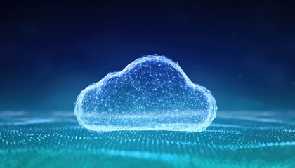 A vibrant blue and green glowing digital cloud with a plexus mesh structure symbolizing modern computing and global data networks