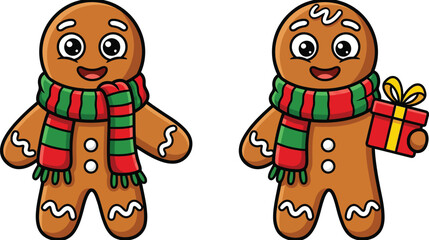 Two cheerful cartoon gingerbread men wearing festive striped scarves one holding a brightly wrapped gift box with a yellow ribbon perfect for christmas and holiday celebrations