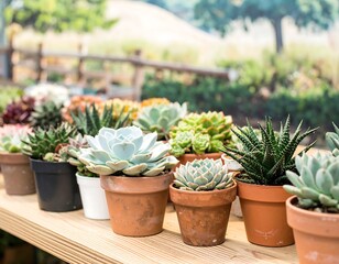 Succulents in various pots on a wooden surface